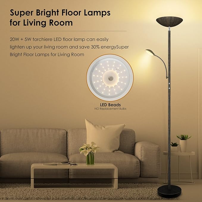 Floor Lamp, LED 20W/2000LM Bright Torchiere Floor Lamp with 5W Adjustable Reading Lamp, Stepless Dimmable Standing Lamp, 2 Rotary Switch, Modern Floor Lamps for Living Room, Bedroom, Office,Bronze - LeafyLoom