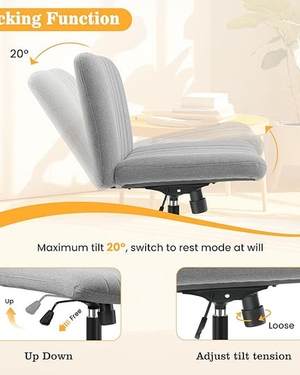 Armless Office Chair with Wheels, Ergonomic Wide Seat Fabric Cross Legged Desk Chair, Swivel Computer Chair for Home Office, Modern Vanity Chair Light Gray - LeafyLoom