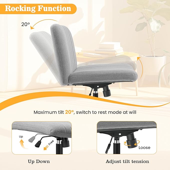 Armless Office Chair with Wheels, Ergonomic Wide Seat Fabric Cross Legged Desk Chair, Swivel Computer Chair for Home Office, Modern Vanity Chair Light Gray - LeafyLoom