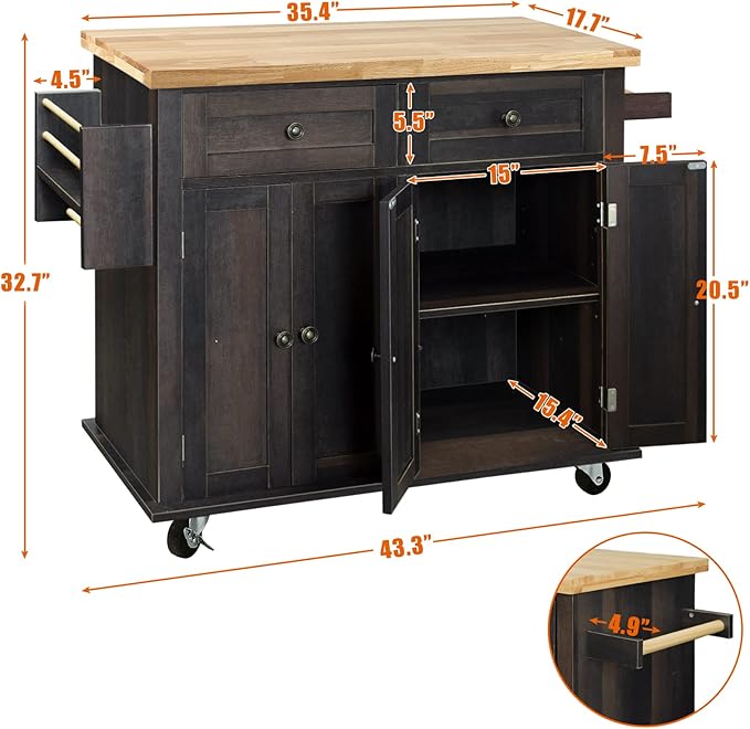 NSdirect Kitchen Island Cart,Kitchen Bar&Serving Cart Rolling on Wheels with Spice Rack Towel Holder Utility Storage Trolley with Storage Drawers for Home Hotel Kitchen Dinning Room (Dark Brown) - LeafyLoom