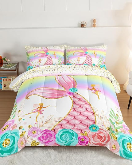HOSIMA Mermaid Comforter with 2 Pillowcases,Girly Rainbow Bedding Set Glitter Pink Mermaid Tail Comforter Set,Flower Fairies Rose Gold Comforter Set,Floral Full Size Bed in a Bag Set. - LeafyLoom