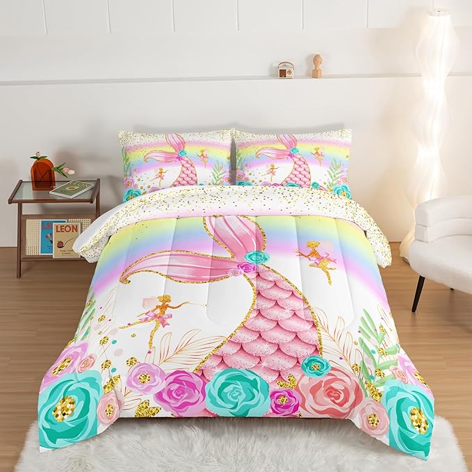 HOSIMA Mermaid Comforter with 2 Pillowcases,Girly Rainbow Bedding Set Glitter Pink Mermaid Tail Comforter Set,Flower Fairies Rose Gold Comforter Set,Floral Full Size Bed in a Bag Set. - LeafyLoom
