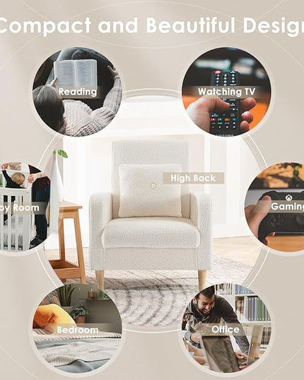 COLAMY Sherpa Upholstered Accent Chair Armchair with Pillow, Fabric Reading Living Room Side Chair,Single Sofa with Lounge Seat and Wood Legs, Cream - LeafyLoom
