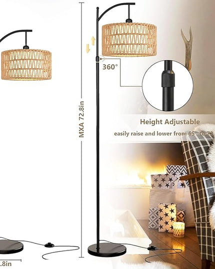 Floor Lamp for Living Room Bedroom with Remote Boho Rattan Arc Standing Lamp Dimmable Black Farmhouse Wicker Bamboo Lamp Shade Floor Light Adjustable Tall Lamp Industrial Floor Lamps Bohemian - LeafyLoom