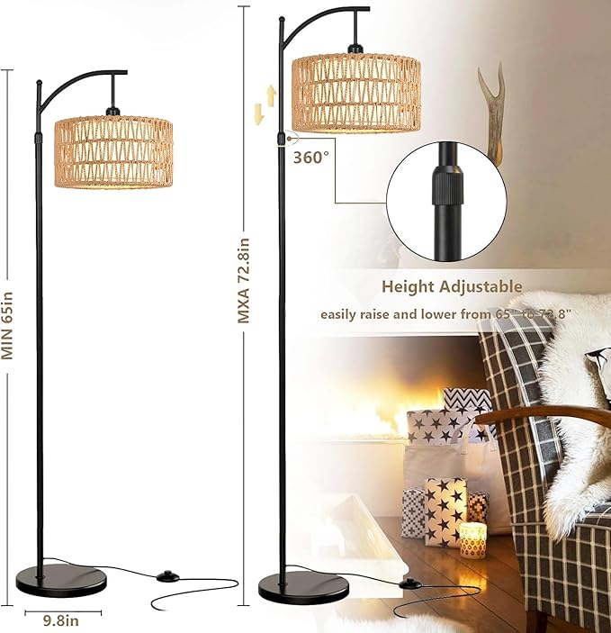 Floor Lamp for Living Room Bedroom with Remote Boho Rattan Arc Standing Lamp Dimmable Black Farmhouse Wicker Bamboo Lamp Shade Floor Light Adjustable Tall Lamp Industrial Floor Lamps Bohemian - LeafyLoom