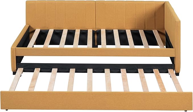 Merax Twin Size Daybed with Trundle, Linen Upholstered Sofa, Solid Wood Slats Support Wooden Day Bed Frame for Living Room, Apartment, Small Spaces, No Box Spring Needed, Yellow - LeafyLoom