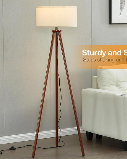 YUNHONG Tripod Floor Lamp, Dimmable Mid Century Floor Lamp Using Premium Flaxen Lamp Shade, Modern Design Standing Lamp with E26 Lamp Base, Wood Tall Floor Lamps for Living Room, Bedroom and Office - LeafyLoom