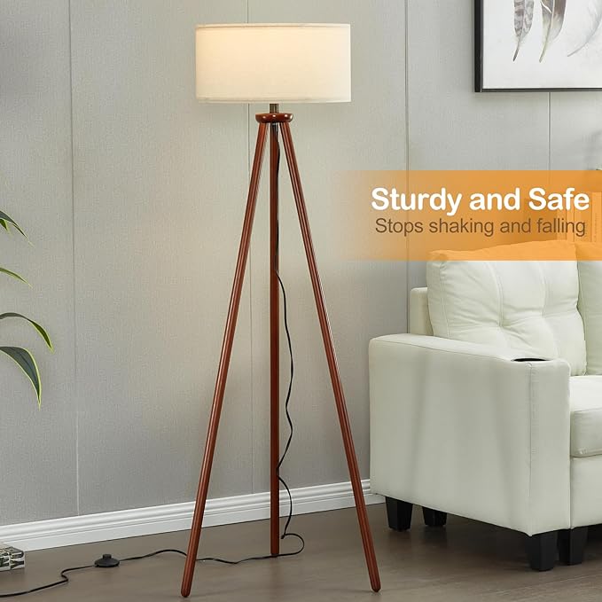 YUNHONG Tripod Floor Lamp, Dimmable Mid Century Floor Lamp Using Premium Flaxen Lamp Shade, Modern Design Standing Lamp with E26 Lamp Base, Wood Tall Floor Lamps for Living Room, Bedroom and Office - LeafyLoom