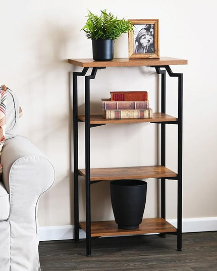 Household Essentials Crown Narrow 4 Shelf Open Storage Bookshelf Rustic Hickory Wood Grain and Black Metal - LeafyLoom