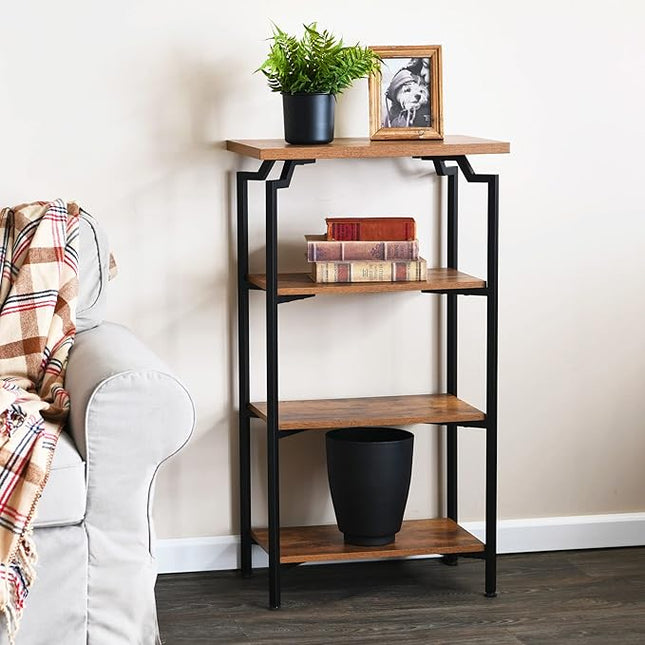 Household Essentials Crown Narrow 4 Shelf Open Storage Bookshelf Rustic Hickory Wood Grain and Black Metal - LeafyLoom