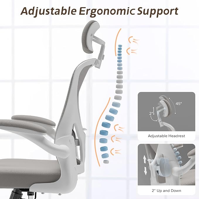 Ergonomic Office Chair Home Desk Office Chair with Flip-Armrest & Cushion for Lumbar Support, high Back Computer Chair with Thickened Cushion Desk Chairs Gray - LeafyLoom
