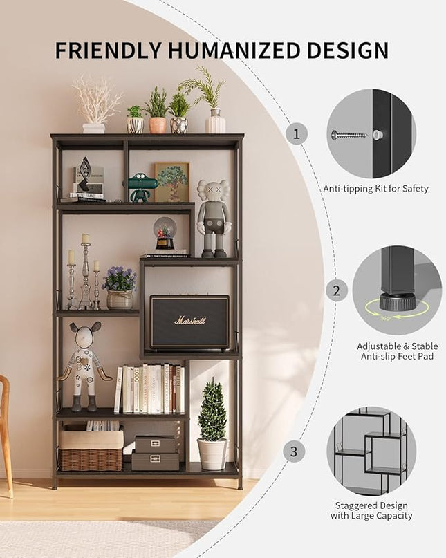 Gizoon 71” Industrial Bookshelves for Storage, Tall Display Etagere 8-Shelves for Bedroom, Metal Frame Staggered Bookcases for Bedroom, Living Room, Home Office, Black - LeafyLoom