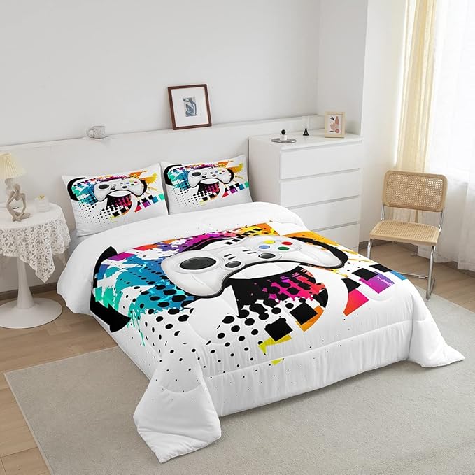 Kids Gaming Comforter Set King Gamer Bedding Set, Modern Console Game Controller Duvet Set for Boys Girls Teens, White Gamepad Quilt Set, Tie Dye Colorful Comforter Set Grey White Soft Bedding Set - LeafyLoom