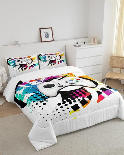 Kids Gaming Comforter Set Full Gamer Bedding Set, Modern Console Game Controller Duvet Set For Boys Girls Teens, White Gamepad Quilt Set, Tie Dye Colorful Comforter Set Grey White Soft Bedding Set - LeafyLoom