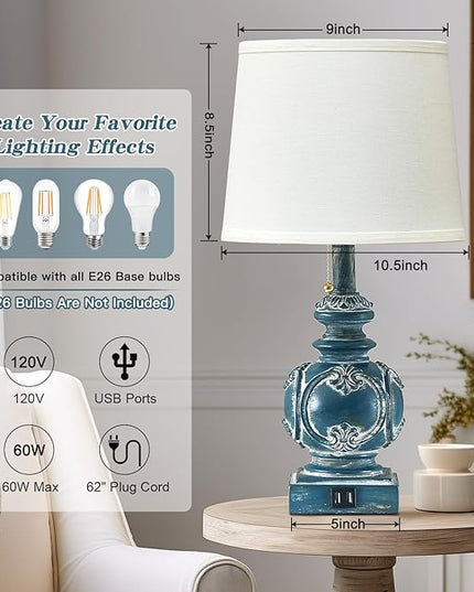 20.75" Farmhouse Table Lamps for Bedroom Set of 2, Rustic Bedside Lamps with 2 USB Port, Retro side table lamp Antique Nightstand Lamp for Living Room End Table Office Country, Traditional Washed Blue - LeafyLoom