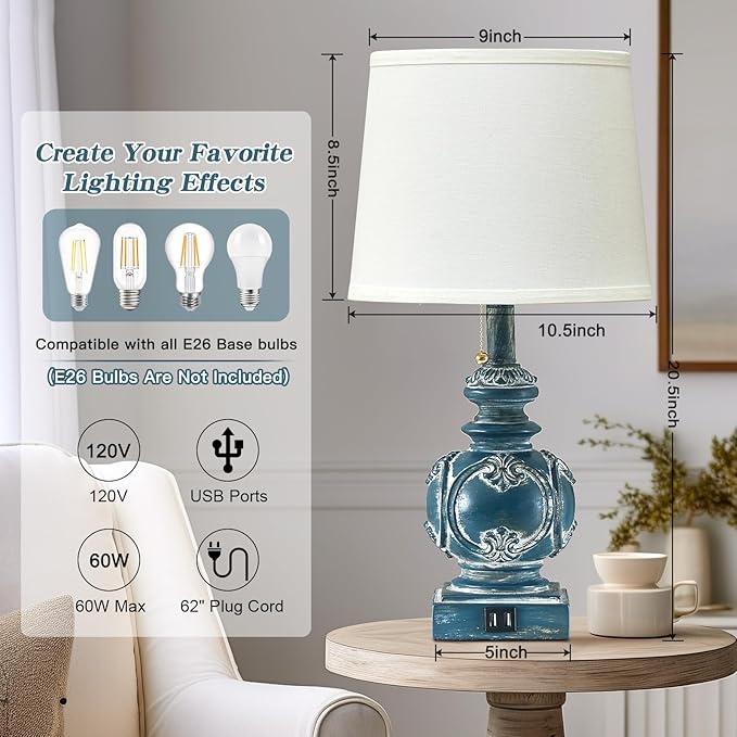 20.75" Farmhouse Table Lamps for Bedroom Set of 2, Rustic Bedside Lamps with 2 USB Port, Retro side table lamp Antique Nightstand Lamp for Living Room End Table Office Country, Traditional Washed Blue - LeafyLoom