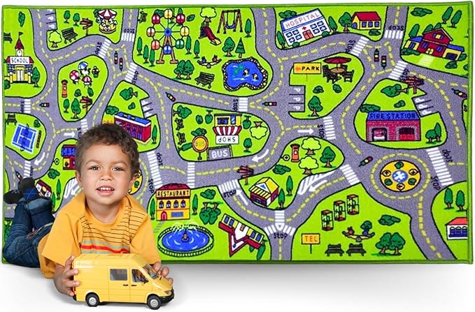 ToyVelt Kids Carpet Playmat Car Rug – Educational Road Traffic Carpet Multi Color Play Mat - X-Large 71" x 39" Best Kids Rugs for Playroom & Kid Bedroom – for Ages 3-12 Years Old - LeafyLoom