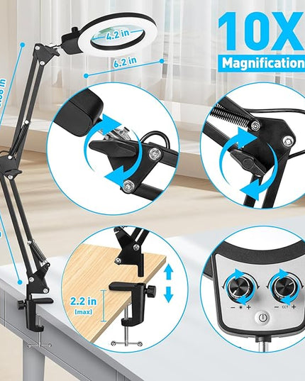 10X Magnifying Glass with Light, KIRKAS Any Color Modes & Stepless Dimming LED Magnifying Lamp with Clamp, Hands Free Lighted Magnifier Glass Lens for Crafts Hobby Reading Painting Close Work - LeafyLoom