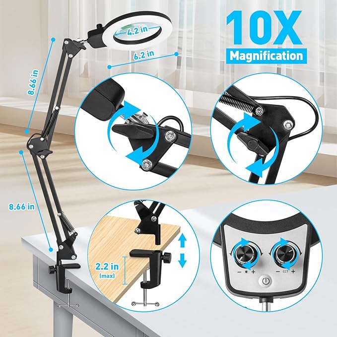 10X Magnifying Glass with Light, KIRKAS Any Color Modes & Stepless Dimming LED Magnifying Lamp with Clamp, Hands Free Lighted Magnifier Glass Lens for Crafts Hobby Reading Painting Close Work - LeafyLoom