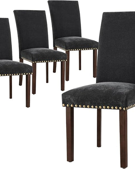 COLAMY Upholstered Parsons Dining Chairs Set of 4, Fabric Dining Room Kitchen Side Chair with Nailhead Trim and Wood Legs - F-Black - LeafyLoom