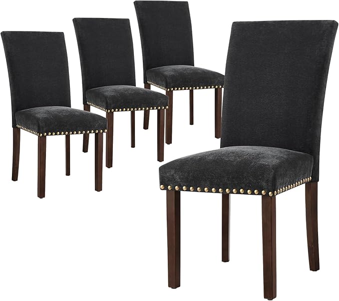 COLAMY Upholstered Parsons Dining Chairs Set of 4, Fabric Dining Room Kitchen Side Chair with Nailhead Trim and Wood Legs - F-Black - LeafyLoom
