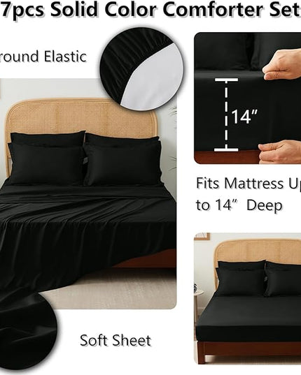 King Bed in a Bag 7 Pieces Bedding Comforter Set with Comforter and Sheets Black King Bed Set with Sheets,Pillow Shams, Flat Sheet, Fitted Sheet and Pillowcases - LeafyLoom