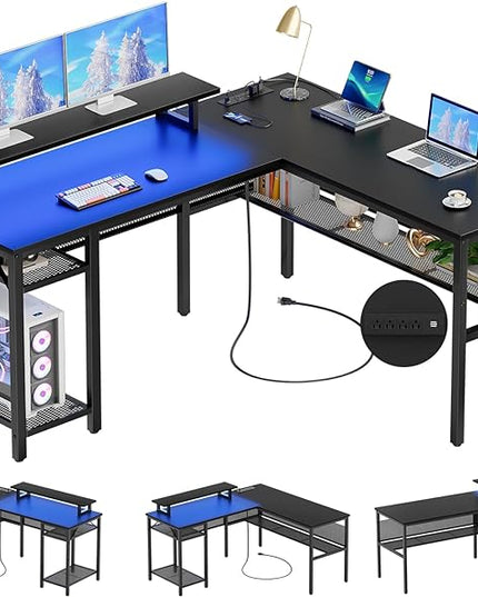 Unikito L Shaped Desk, Reversible Corner Computer Desk with Magic Power Outlets and Smart LED Light, Unique Grid Design, 55 Inch Office Desk with Monitor Stand and Storage Shelf, Black - LeafyLoom