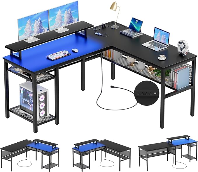 Unikito L Shaped Desk, Reversible Corner Computer Desk with Magic Power Outlets and Smart LED Light, Unique Grid Design, 55 Inch Office Desk with Monitor Stand and Storage Shelf, Black - LeafyLoom