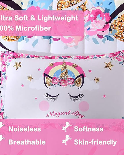 Unicorn Bedding Flower Girl Unicorn Comforter Set 3pc Soft Kid's Pink Unicorn Bedding Sets for Teen Girls - LeafyLoom