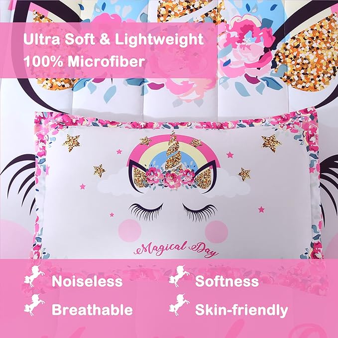 Unicorn Bedding Flower Girl Unicorn Comforter Set 3pc Soft Kid's Pink Unicorn Bedding Sets for Teen Girls - LeafyLoom