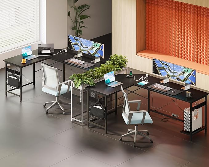 Coleshome 66" L Shaped Gaming Desk with Outlet, L Shaped Desk with CPU Stand, Corner Computer Desk, Home Office Desk, Writing Desk, Black - LeafyLoom