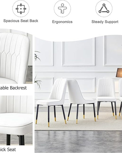 Modern Set of 2, Faux Leather Dining PU Upholstered White Kitchen Chairs with Black Golden Metal Legs for Home Living Room, Restaurant, 2 Piece - LeafyLoom