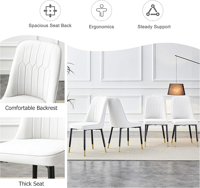 Modern Set of 2, Faux Leather Dining PU Upholstered White Kitchen Chairs with Black Golden Metal Legs for Home Living Room, Restaurant, 2 Piece - LeafyLoom