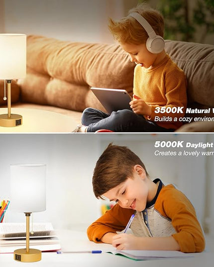 Dicoool Small Bedside Lamps 3 Color Modes - 2700K 3500K 5000K Bedroom Lamps with USB C and A Ports, Pull Chain Gold Table Lamps with AC Outlet, Nightstand Lamps with Gold Metal Base for Kids Reading - LeafyLoom