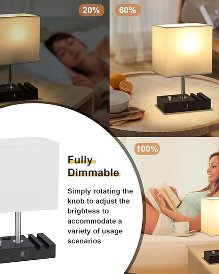 Kakanuo Table Lamp for Bedroom with Dual USB Ports, White Fully Dimmable Bedside Lamp with Phone Stands and 2 Charging Outlets, Desk Lamp for Nightstand and Living Room, LED Bulb Included - LeafyLoom