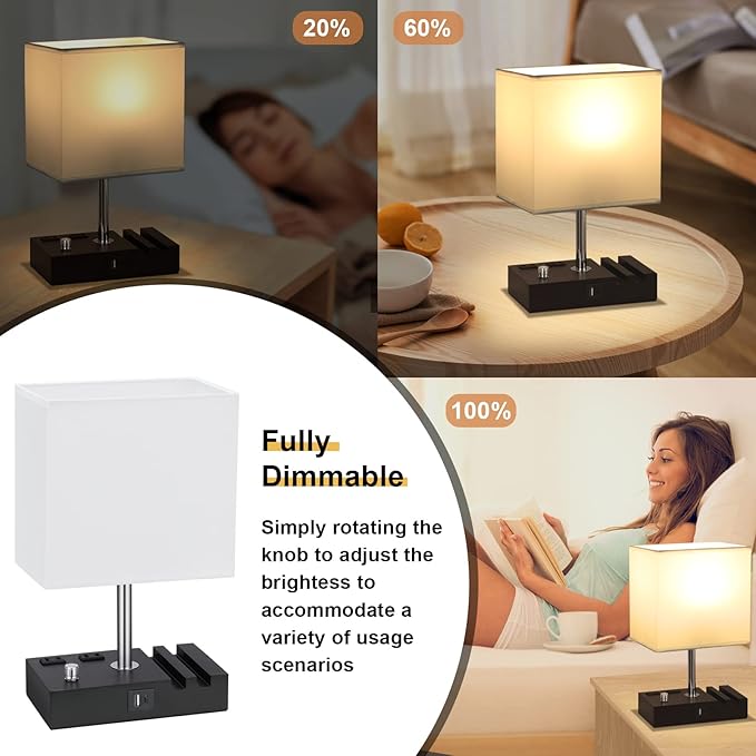 Kakanuo Table Lamp for Bedroom with Dual USB Ports, White Fully Dimmable Bedside Lamp with Phone Stands and 2 Charging Outlets, Desk Lamp for Nightstand and Living Room, LED Bulb Included - LeafyLoom