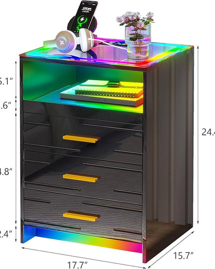 HNEBC High Gloss Nightstand with Wireless Charging Station, Smart Night Stand with RGB Dynamic Lighting, Modern Bed Side Table with Drawers Sliding Tray, Glass Tabletop,Motion Sensor Lights (C Black) - LeafyLoom