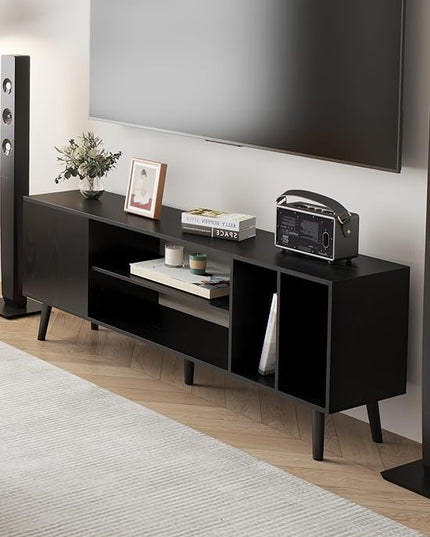 Yusong TV Stand for 55/65 inch TV, Mid Century Modern TV Console Table, Media Entertainment Center with Storage for Living Room Bedroom, Wood TV Cabinet, Oak Black - LeafyLoom