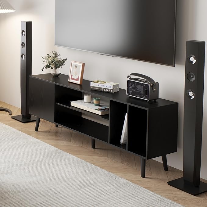 Yusong TV Stand for 55/65 inch TV, Mid Century Modern TV Console Table, Media Entertainment Center with Storage for Living Room Bedroom, Wood TV Cabinet, Oak Black - LeafyLoom