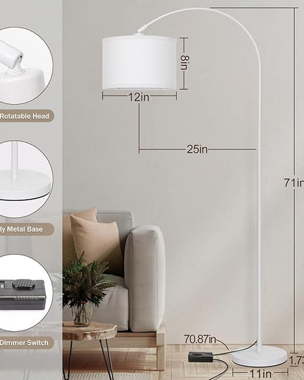 Seaside village Standing Lamp for Living Room, Dimmable Arc Floor Lamp with White Adjustable Hanging Shade, Modern Pole Lamp Tall Reading Light for Bedroom, Over Couch, Office, 9W LED Bulb Included - LeafyLoom
