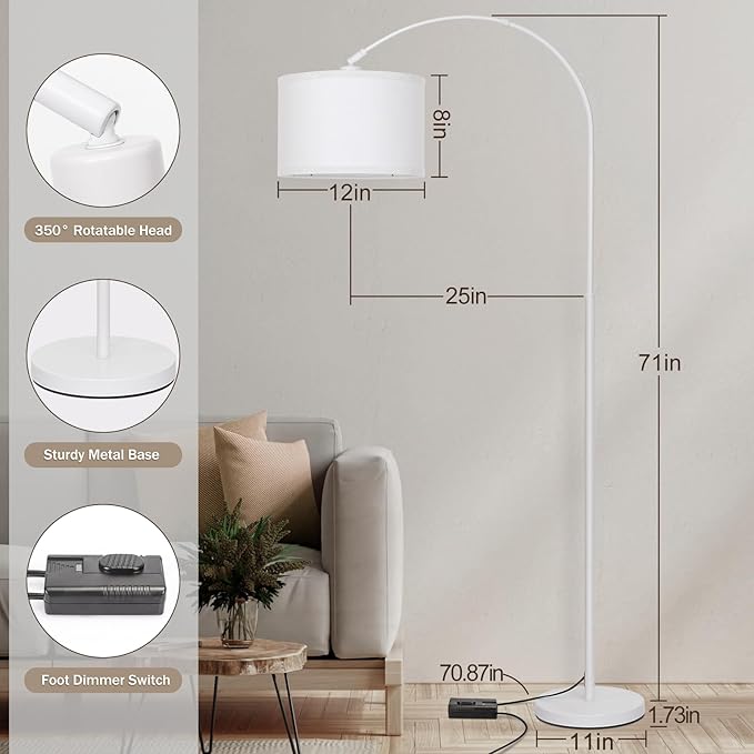 Seaside village Standing Lamp for Living Room, Dimmable Arc Floor Lamp with White Adjustable Hanging Shade, Modern Pole Lamp Tall Reading Light for Bedroom, Over Couch, Office, 9W LED Bulb Included - LeafyLoom