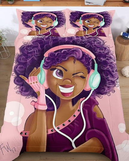 Twin Bedding Sets for Girls, Cute African American Black Girl Magic Comforter Set, Pink Bed Set for Toddler Kids Teenager, Gift for Little Girls Bedroom Decor, 1 Comforter with 2 Pillowcases - LeafyLoom