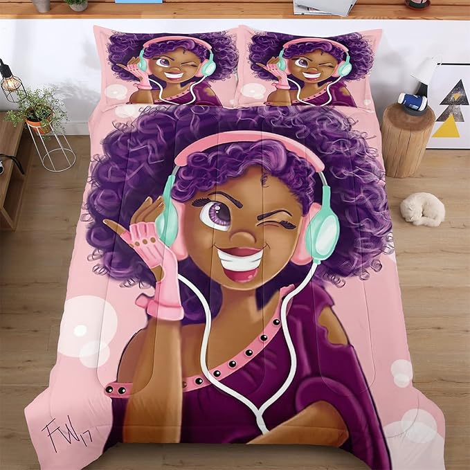 Twin Bedding Sets for Girls, Cute African American Black Girl Magic Comforter Set, Pink Bed Set for Toddler Kids Teenager, Gift for Little Girls Bedroom Decor, 1 Comforter with 2 Pillowcases - LeafyLoom