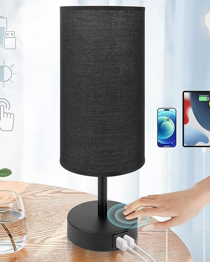 Yarra-Decor Bedside Lamp with USB Port - Touch Control Table Lamp for Bedroom 3 Way Dimmable Nightstand Lamp with Round Black Fabric Shade for Living Room, Dorm, Home Office (LED Bulb Included) - LeafyLoom