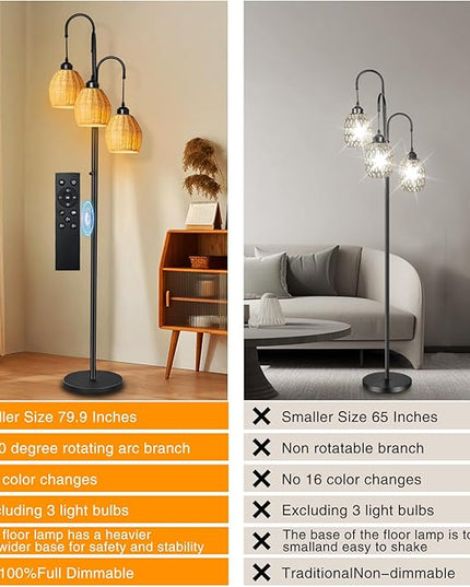 Rattan RGB Floor Lamps for Living Room with RGB LED Bulb, Dimmable Boho 3 Lights Floor lamp with App Control & Remote Control Farmhouse Stand Lamp for Bedroom，3 PCS RGB LED Bulb Included - LeafyLoom