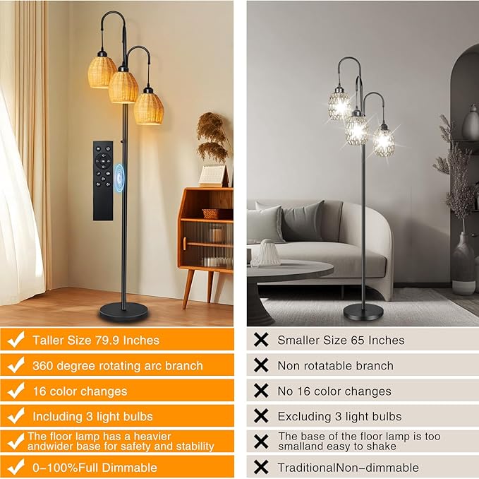 Rattan RGB Floor Lamps for Living Room with RGB LED Bulb, Dimmable Boho 3 Lights Floor lamp with App Control & Remote Control Farmhouse Stand Lamp for Bedroom，3 PCS RGB LED Bulb Included - LeafyLoom