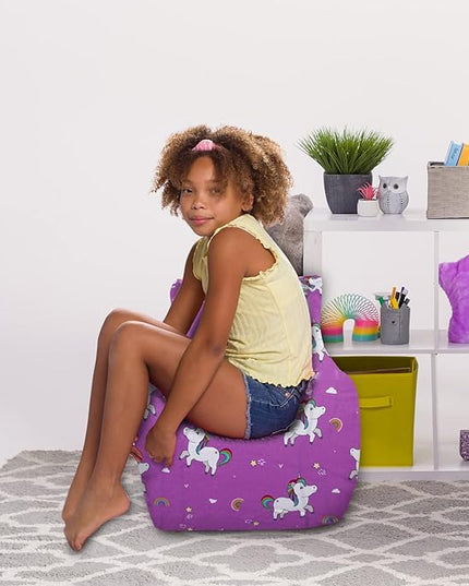 Posh Creations Structured Comfy Bean Bag Chair for Gaming, Reading, and Watching TV, Pasadena Chair, Canvas - Unicorn and Rainbows on Purple - LeafyLoom
