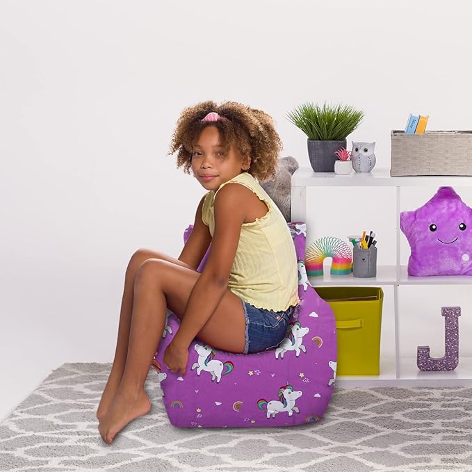 Posh Creations Structured Comfy Bean Bag Chair for Gaming, Reading, and Watching TV, Pasadena Chair, Canvas - Unicorn and Rainbows on Purple - LeafyLoom