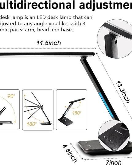 LAOPAO LED Desk Lamp with Wireless Charger, USB Charging Port, Adjustable & Foldable with Clock, Alarm, Date, Temperature, 5-Level Dimmable Lighting, for Office with Adapter - LeafyLoom