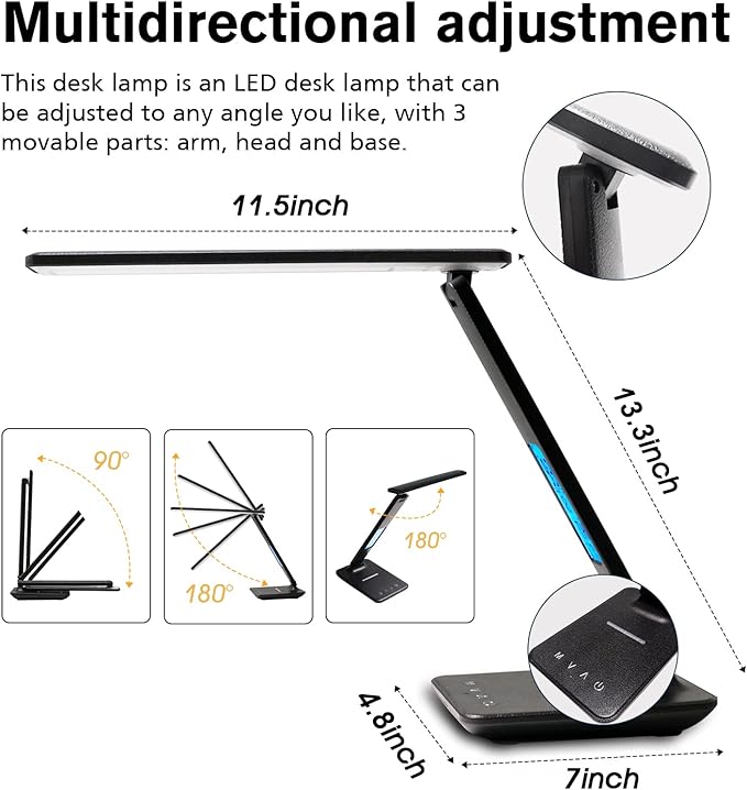 LAOPAO LED Desk Lamp with Wireless Charger, USB Charging Port, Adjustable & Foldable with Clock, Alarm, Date, Temperature, 5-Level Dimmable Lighting, for Office with Adapter - LeafyLoom